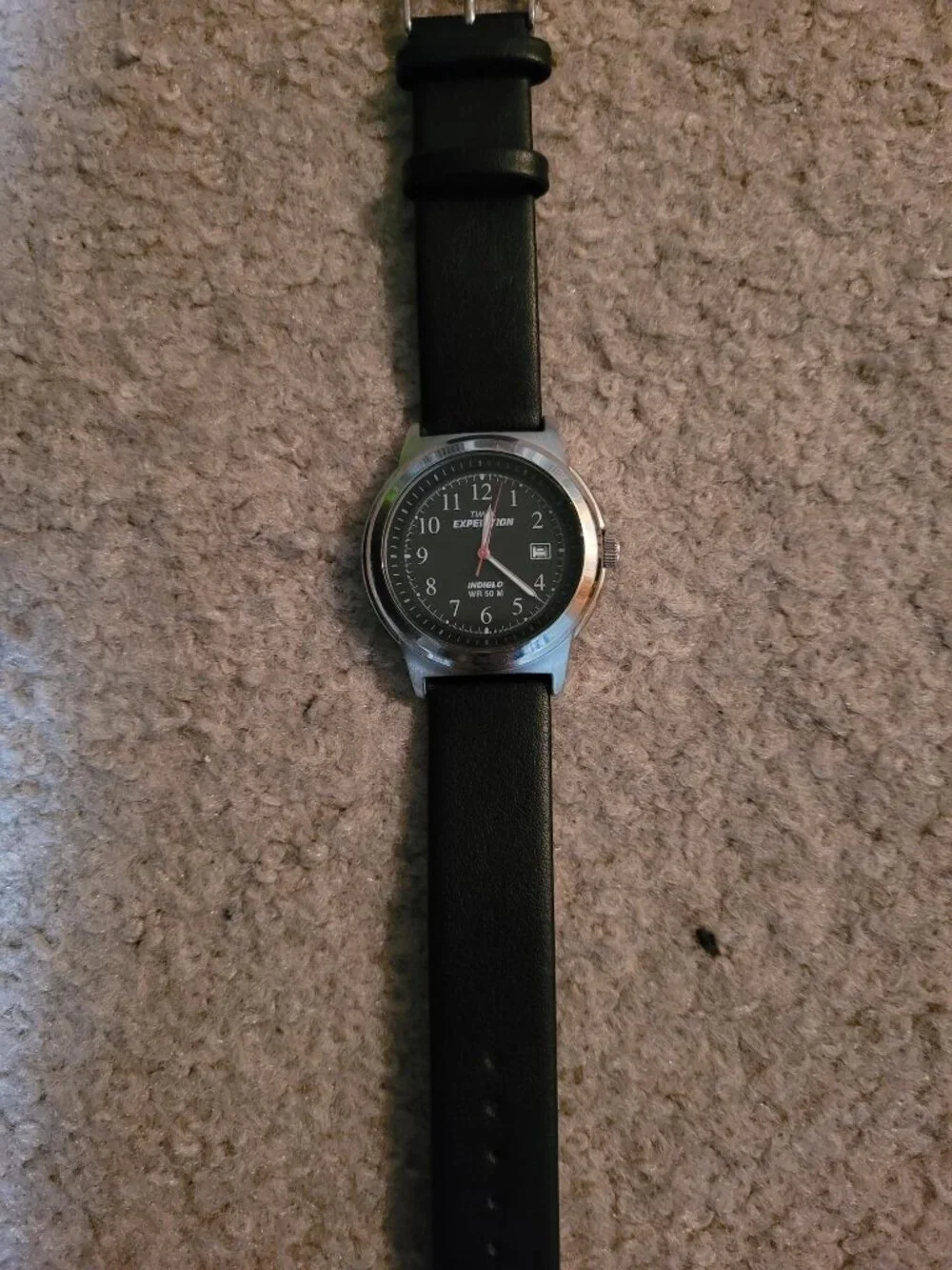 Like-new Timex Expedition watch with Indiglo backlight, black leather band